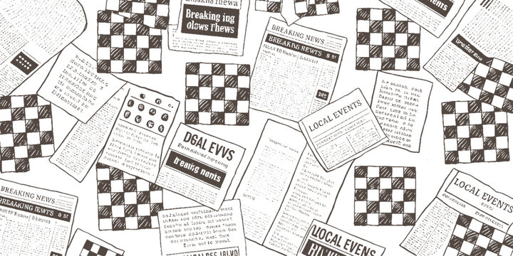 Scattered newspapers with headlines like breaking news and local events alongside checkerboard patterns