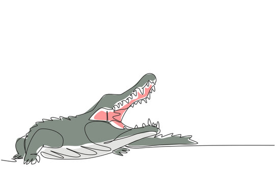 One line drawing of wild giant crocodile resting on the ground with fully open mouth. Tropical wildlife animal concept for World Croc Day internet social media campaign post graphic poster.