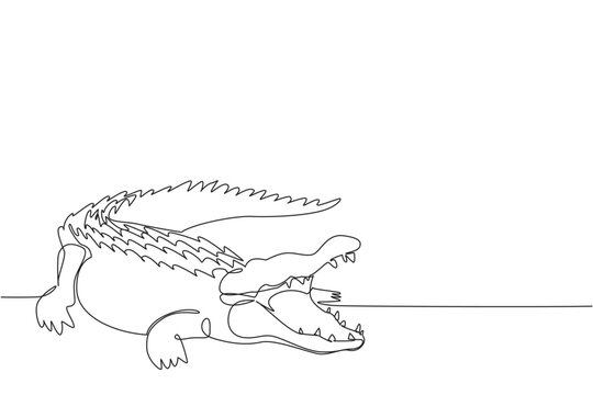One line drawing of aggressive crocodile walking forward on dirt with big open jaw. Wild carnivore animal concept for World Croc Day wildlife sanctuary educational flyer brochure artwork.