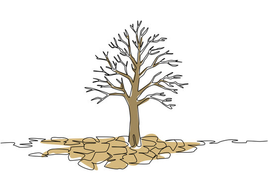 Continuous line drawing of bare dead tree standing on extremely cracked dry earth. Severe drought nature concept for World Day to Combat Desertification and Drought presentation poster.