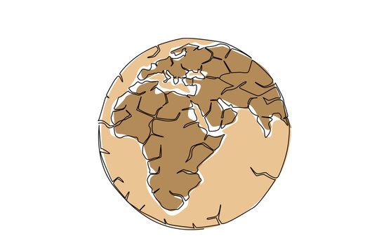 Single line drawing of earth globe planet covered with dry cracked soil. Climate disaster nature phenomena concept for World Day to Combat Desertification and Drought online promotion banner art.