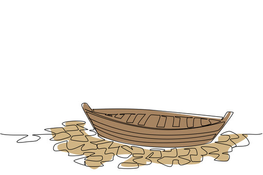 One line drawing of abandoned wooden boat resting on dry cracked riverbed. Global warming nature concept for World Day to Combat Desertification and Drought awareness campaign visual.