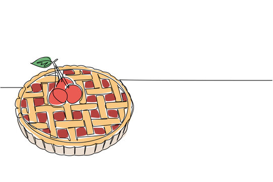 Continuous line drawing of freshly baked whole cherry tart with lattice crust. Classic pastry food concept for National Cherry Tart Day local bakery advertisement banner layout artwork.