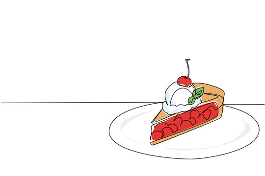 Continuous line drawing of delicious sweet cherry tart slice served on ceramic plate. Tasty dessert food concept for National Cherry Tart Day celebration bakery cafe promotion flyer graphic art.