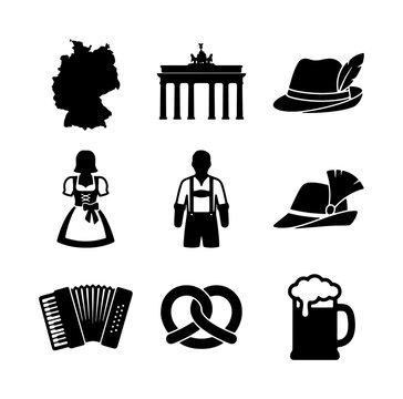 German Culture Icons Set: Oktoberfest, Bavaria, Berlin Landmarks, Traditional Clothing, Beer Mug, Pretzel, Accordion, Map of Germany