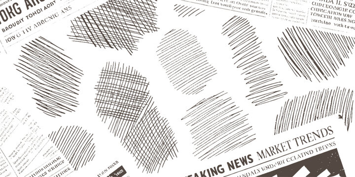Newspaper clippings with hand drawn scribbled lines and text fragments print
