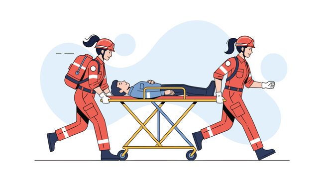 Emergency medical technicians in orange uniforms running while carrying a patient on a stretcher for urgent hospital medical care.