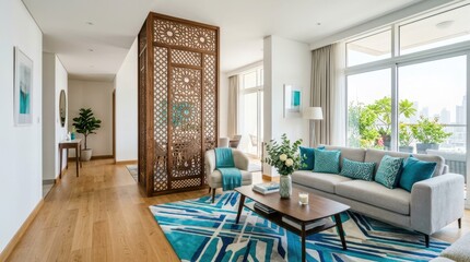 Fototapeta premium Modern living room with intricate wooden divider and city view balcony
