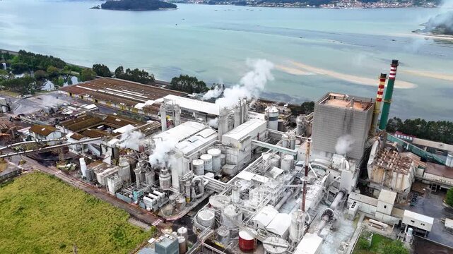 Aerial view of industrial pulp mill factory emitting smoke