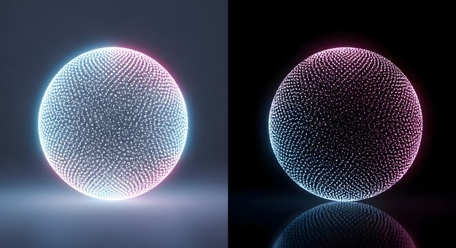 Dual glowing orb compositions with particle effects contrasting light and dark backgrounds