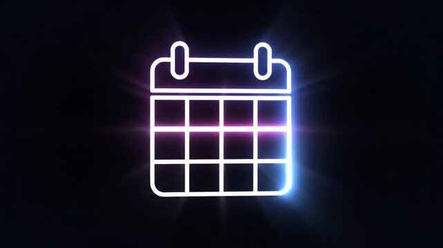 Neon calendar icon glowing with bright light and streaks against a dark background, reminding of upcoming event or planning