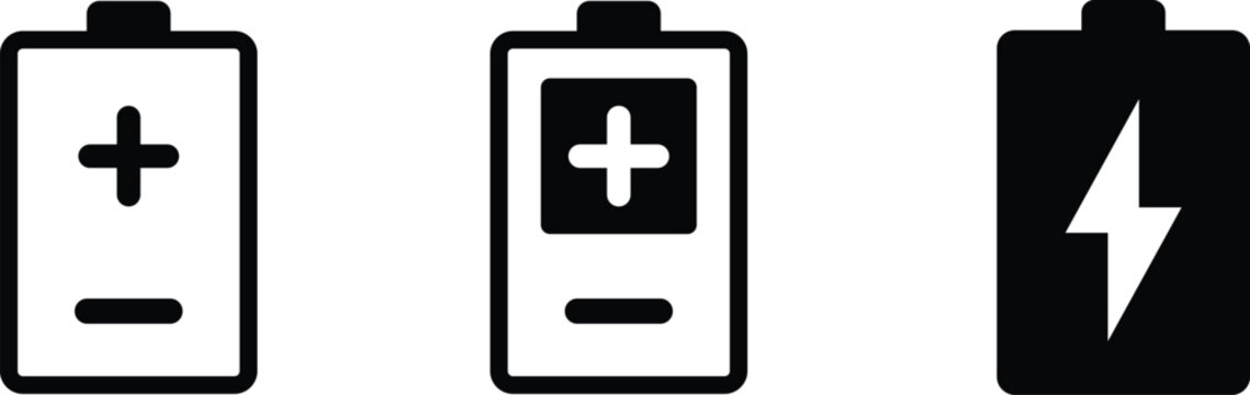 Battery level icons with plus minus and lightning bolt symbols