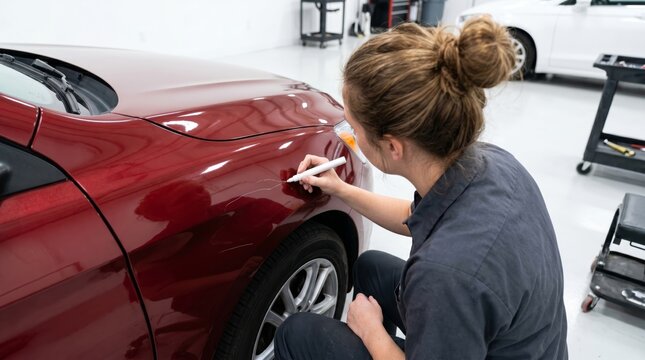 Female worker crouching beside red car fender marking damage points with white marker pen in auto body shop garage