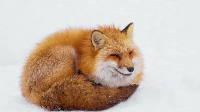 Red fox resting peacefully in fresh winter snow, soft snowfall, detailed orange fur, cinematic wildlife scene, cold forest atmosphere, ultra realistic seamless 4K video