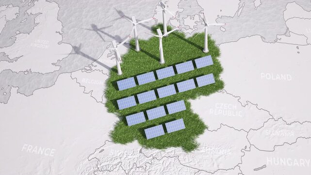 Animated map of Germany showing wind turbines and solar panels emerging from the green ground. 3D animation.