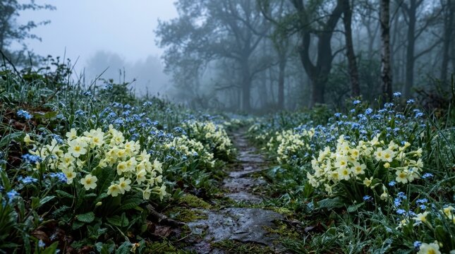 Misty forest path lined with blooming primroses and forget-me-nots in spring