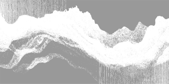 Abstract grayscale landscape with textured mountains and cloudy sky