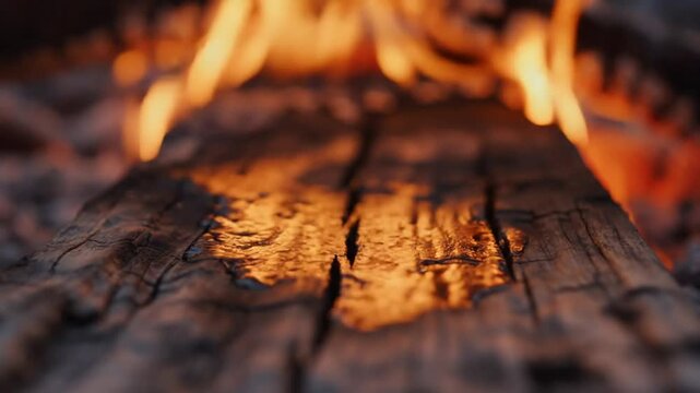 Close-up of a burning log reflecting firelight with a focus on glowing textures and details of wood
