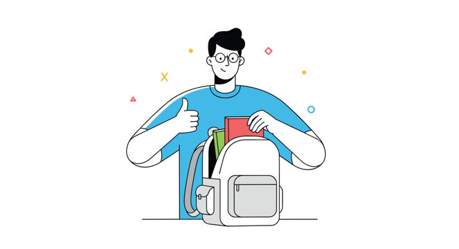 Smiling student giving a thumbs up while packing his backpack with school books to get ready for his education journey.
