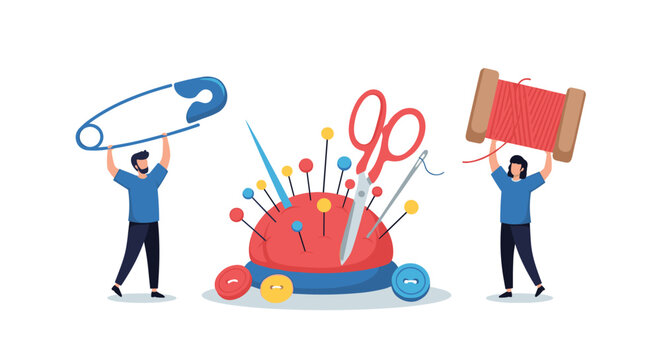 Tiny figures of a man and a woman holding giant sewing tools like a safety pin and thread spool near a pin cushion.