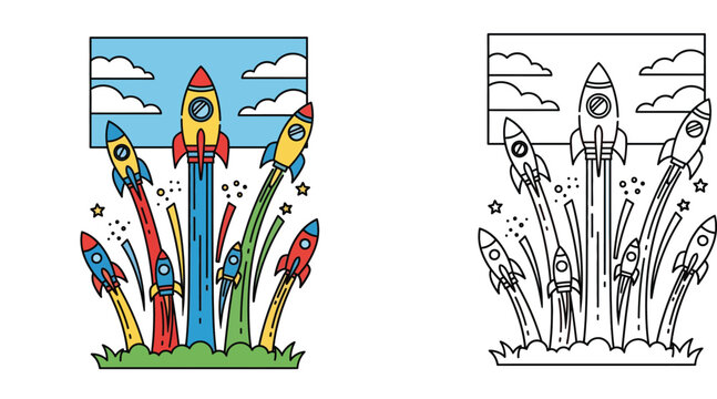 Multiple Colorful Rockets Launching into the Sky, Presented in Full Color and as a Black and White Outline for Coloring.