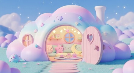 Obraz premium Maison pastel onirique avec porte en forme de cœur, paysage fantaisiste de style dessin animé