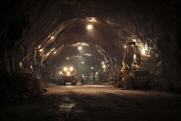 Fototapeta premium Dimly lit, rugged underground mine with diligent miners and colossal machinery in a stark studio scene.