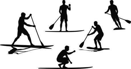 Fototapeta premium Minimalist black silhouettes of people paddleboarding showing different postures and balance techniques symbolizing water sport, recreation, and adventure