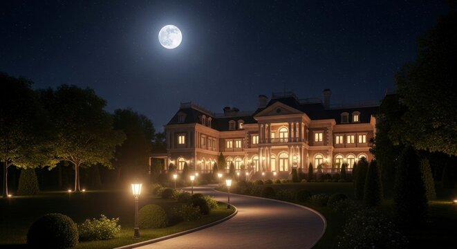 &Eacute;l&eacute;gante demeure illumin&eacute;e la nuit sous la pleine lune, avec une all&eacute;e sinueuse.