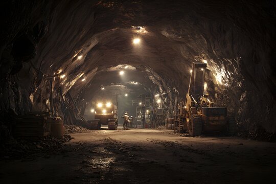 Dimly lit, rugged underground mine with diligent miners and colossal machinery in a stark studio scene.