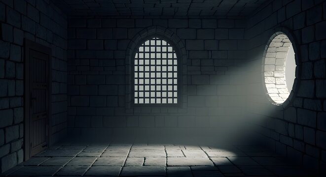 Dark stone prison cell with barred window and circular opening