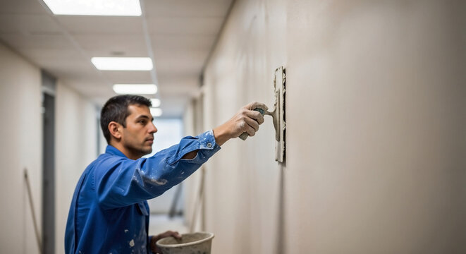 Skilled worker plastering office hall wall using a trowel and fresh gypsum. Dedicated worker plastering interior surface, creating smooth foundation for renovation.