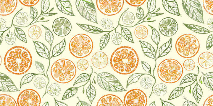 Orange slice and leaf pattern seamless decorative illustration