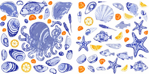 Seafood illustration collection with fish octopus and shells © KrishnaPada