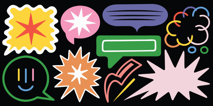 colorful speech bubble icons and thought clouds on black background