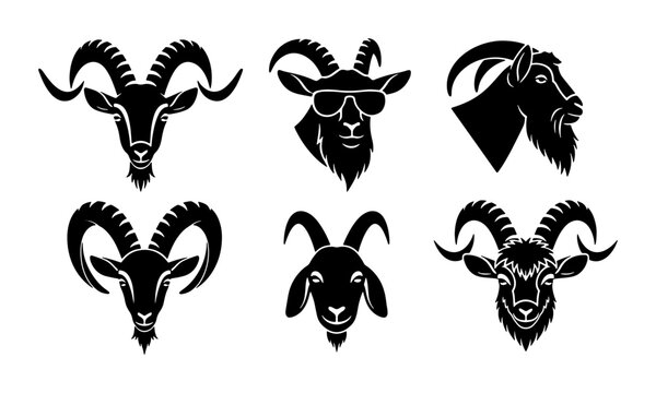Set of Six Black Goat Head Silhouettes, Diverse Styles Including Sunglasses, Vector Icons for Branding and Graphic Design Projects