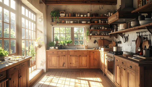 Int&eacute;rieur de cuisine rustique avec &eacute;l&eacute;ments en bois