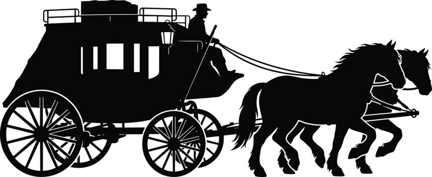 Vintage silhouette of horse drawn stagecoach carriage with driver and two horses representing historical transportation and classic travel concept