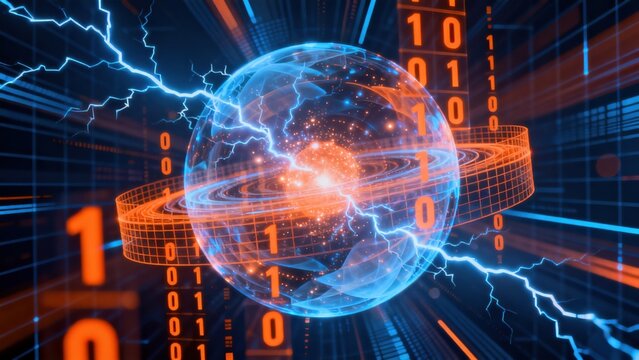 Digital globe with binary code and lightning