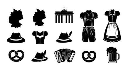 German Icons Collection: Oktoberfest Symbols, Traditional Attire, Landmarks, and Beer Mug Vector Set for Cultural Celebrations © Mouri