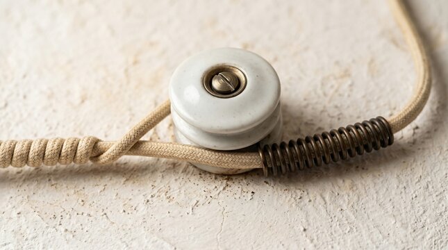 Vintage ceramic insulator with braided electrical cord and metal spring detail