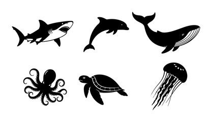 Marine Life Silhouettes: Shark, Dolphin, Whale, Octopus, Turtle, Jellyfish Vector Icons. Ocean Creatures Collection for Design. © Mouri