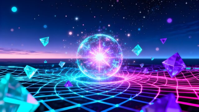 Futuristic neon grid with glowing sphere