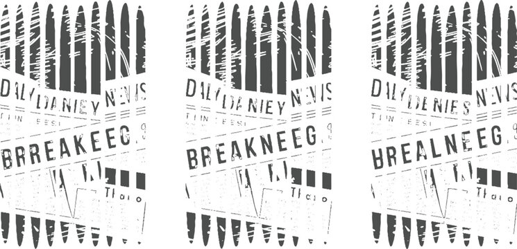 Three overlapping collages of newspaper clippings with vertical dark grey bullet shapes text print
