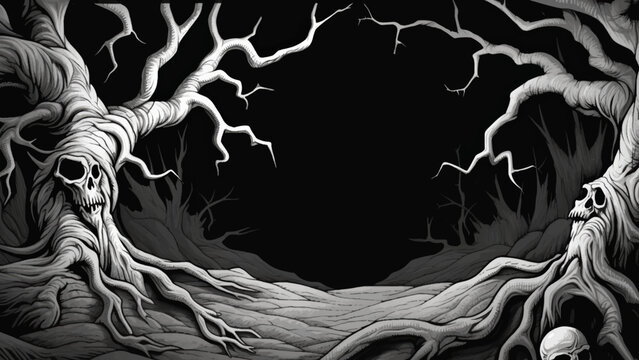 Vector Dry and twisted branch background, black and white creepy dark surreal cartoon background.