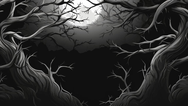 Vector Dry and twisted branch background, black and white creepy dark surreal cartoon background.