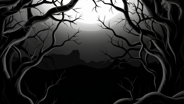 Vector Dry and twisted branch background, black and white creepy dark surreal cartoon background.