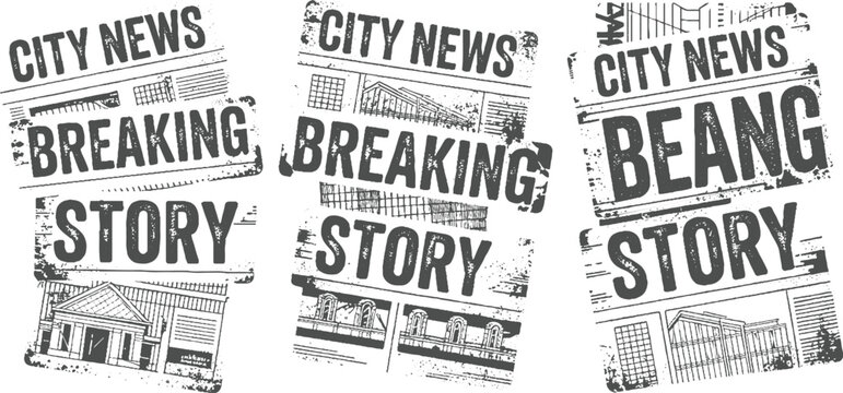 Three distressed newspaper clippings with bold text c i t y n e w s b r e a k i n g s t o r y and architectural