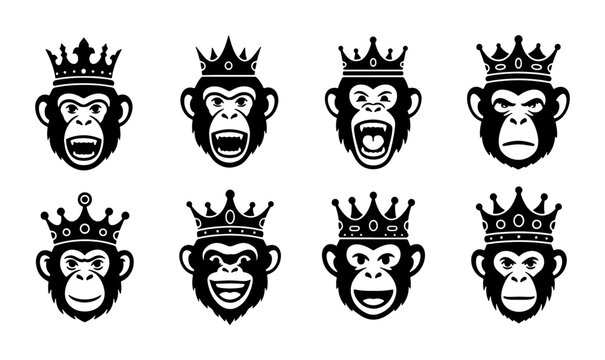 Royal Monkey Faces Vector Icons, King Ape Head Emblems, Primate Crowned Expressions Set, Black and White Graphic Elements for Branding and Design