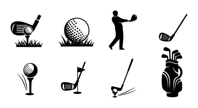 Golf Icon Set: Sport Equipment, Player Silhouette, Clubs, Balls, Bag, Tees, Grass, Action Shots, Vector Graphics for Sports Concepts